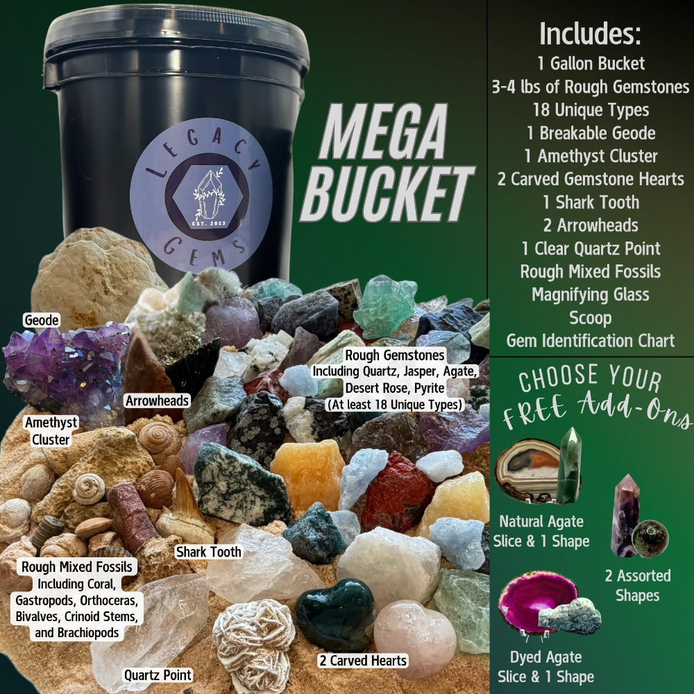 A promotional collage for a Legacy Gems Mega Bucket crystal set, showing a black bucket with the Legacy Gems logo, a large assortment of polished and rough gemstones, crystals, and small natural specimens, plus text callouts listing included items and free add-on options.