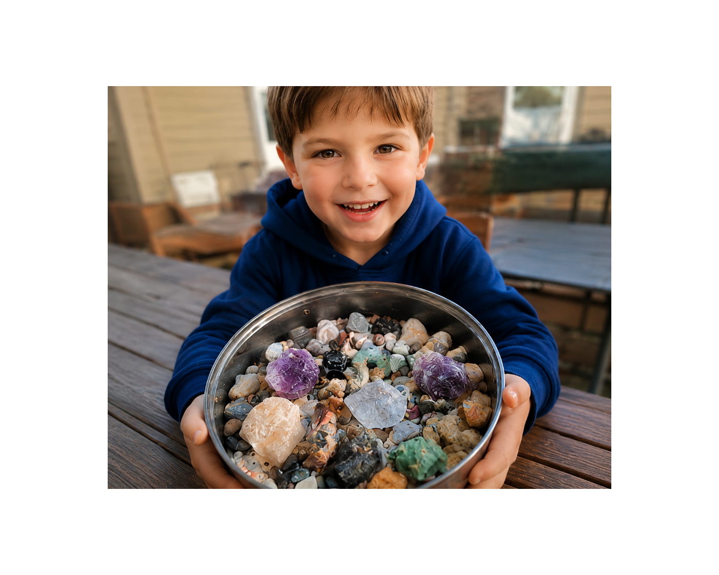 A young boy in a blue hoodie smiles while holding a metal bowl filled with various colorful raw crystals and stones on a wooden table.
