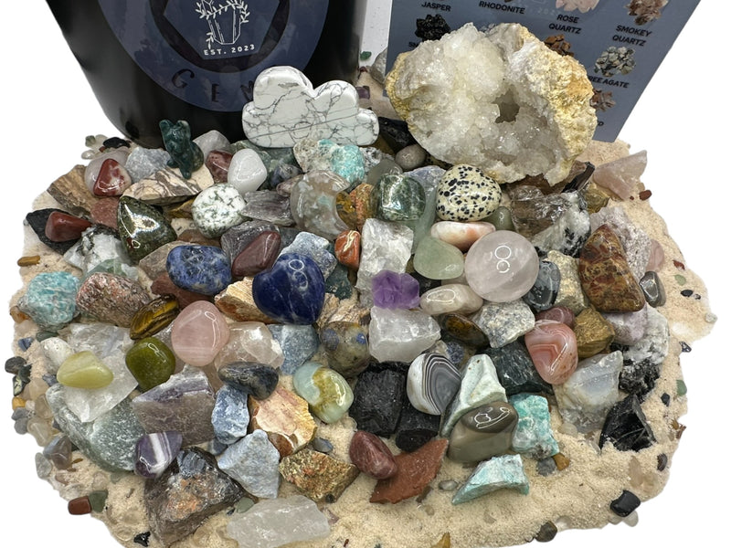 Rumble Mining Bucket with raw and tumbled stones