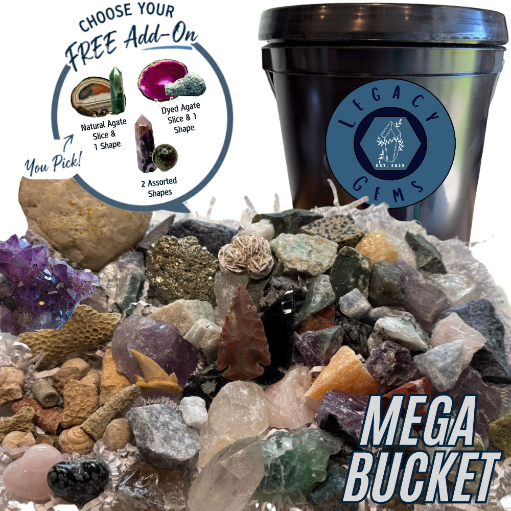 A crystal and gemstone bucket bundle featuring a large assortment of polished and raw agates, quartzs, and other geodes in a black bucket, with promotional text and a circular inset showing a free add-on choice.