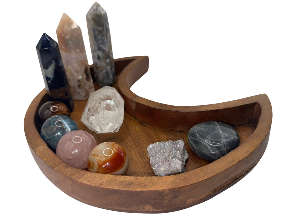 Wooden Crescent Moon Tray Boho Crystal Display Altar Decor Handcrafted Natural Wood 9.5" L x 8.5" W Unique Charm for Home Decor