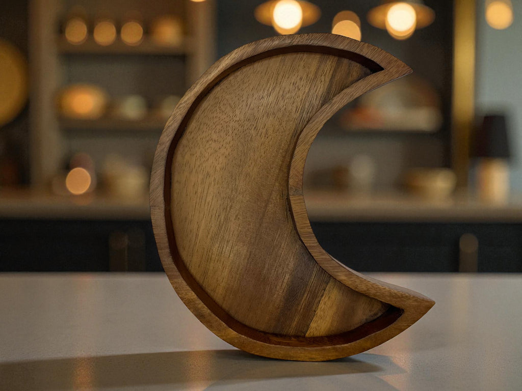 Wooden Crescent Moon Tray Boho Crystal Display Altar Decor Handcrafted Natural Wood 9.5" L x 8.5" W Unique Charm for Home Decor