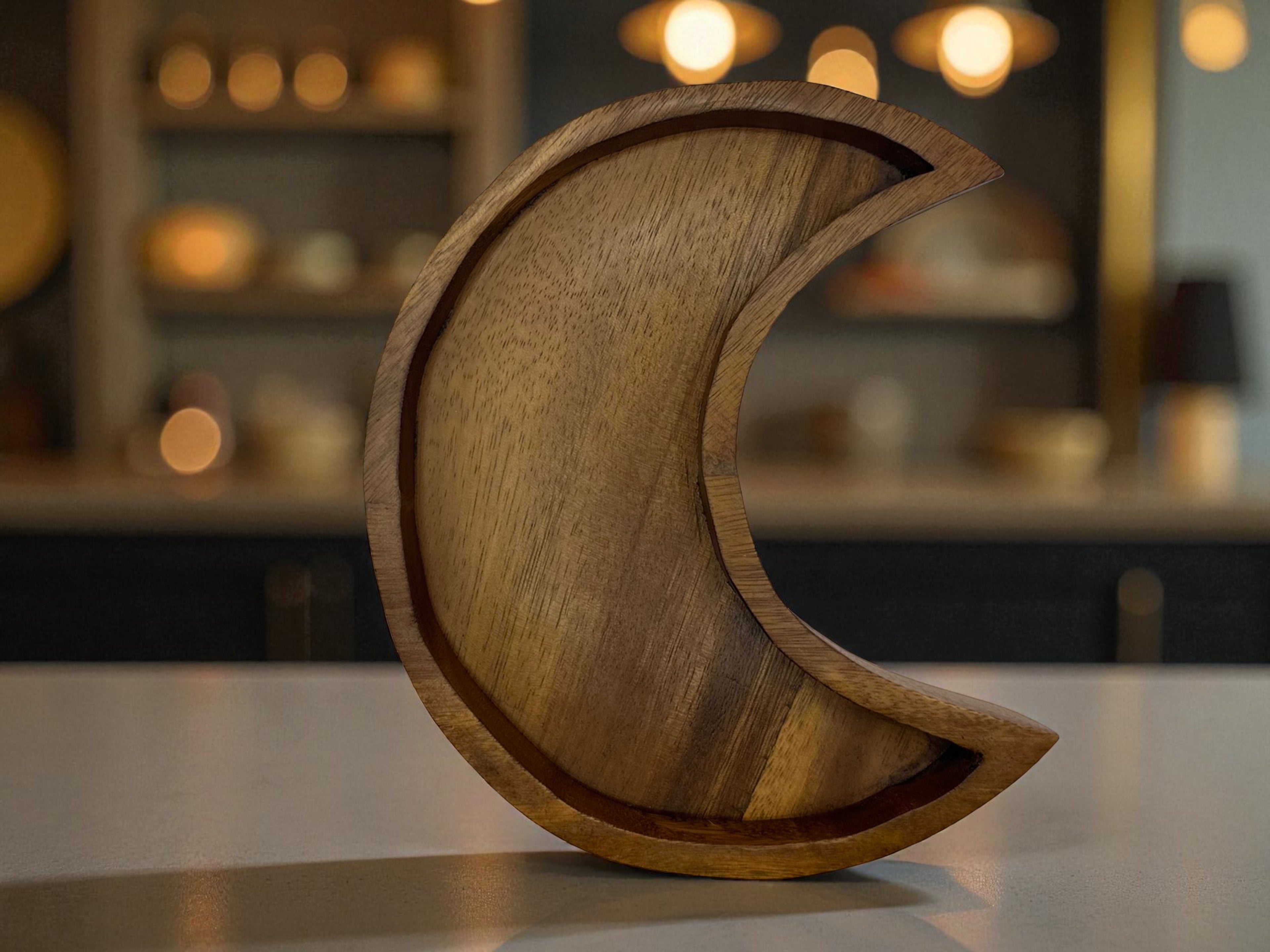 Wooden Crescent Moon Tray Boho Crystal Display Altar Decor Handcrafted Natural Wood 9.5" L x 8.5" W Unique Charm for Home Decor