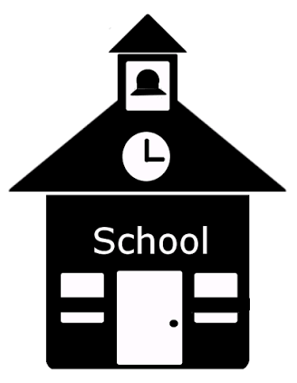A black and white vector icon of a school building with a bell tower, clock, and the word 'School' on the front, set against a plain white background.
