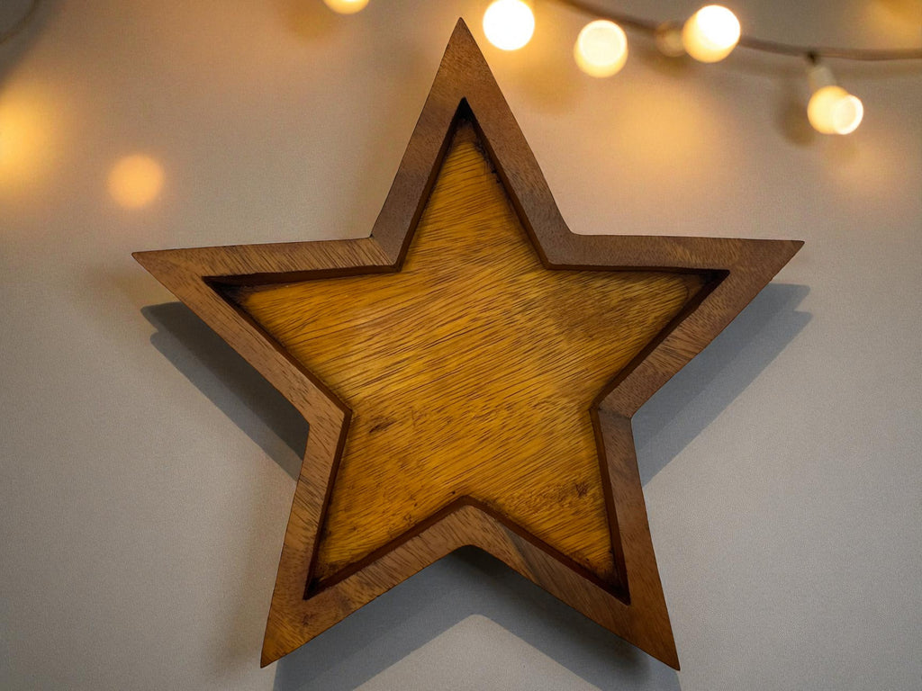 Handcrafted Wooden Star Tray 11x11 Natural Wood Crystal Jewelry Candle Holder